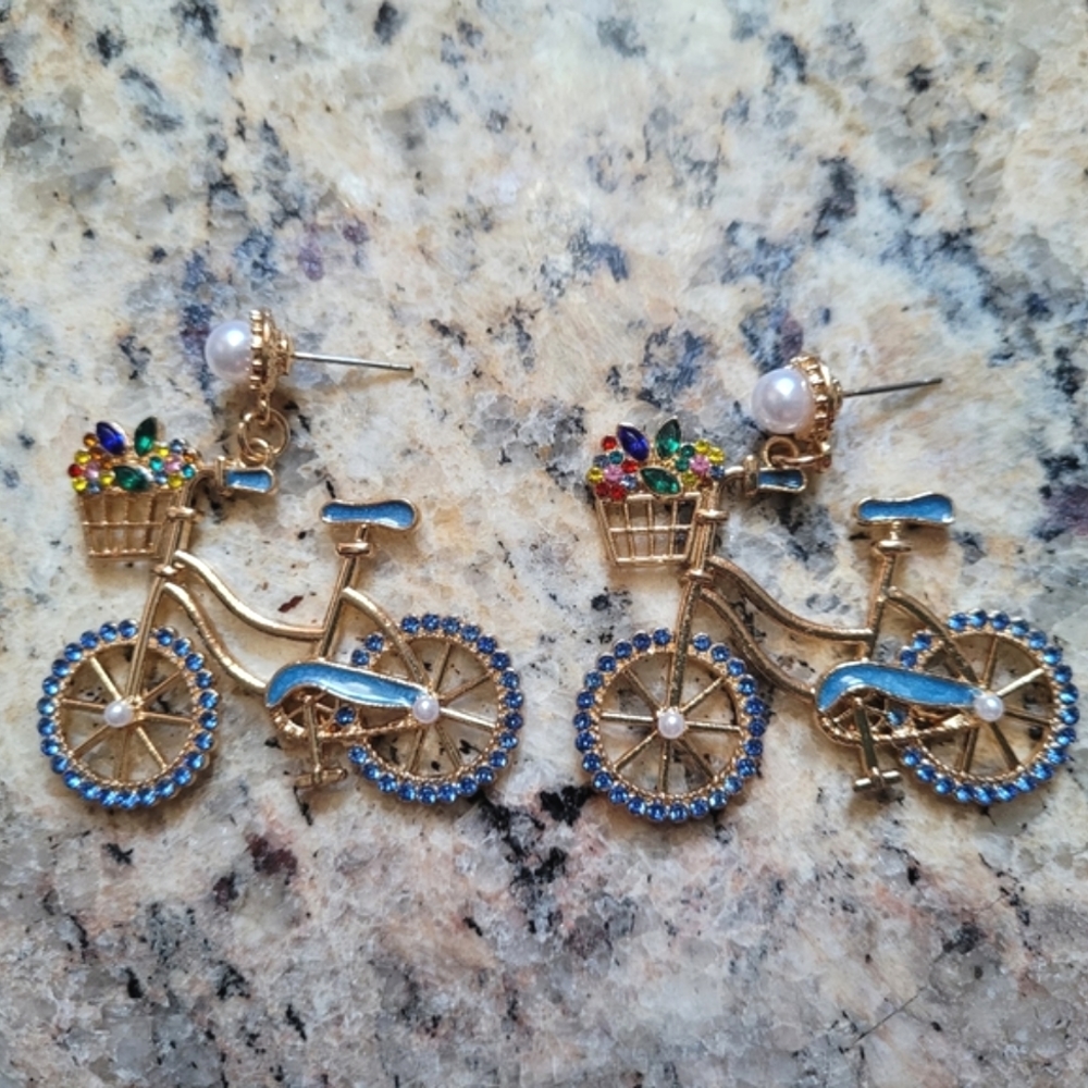 Blue & Gold Bike Rhinestone Earring✨️ - Picture 3 of 7